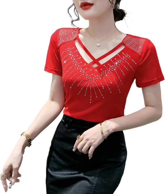 여성용 슬림 브이넥 망사 반팔 티셔츠 여름 캐주얼 스팽글 포인트 라인 라틴 댄스복 상의 Women's T-shirt