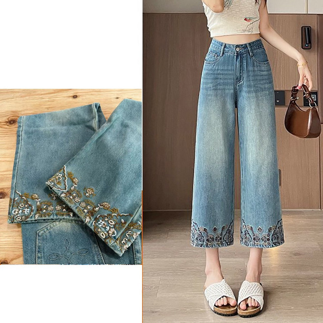 셀럽당 자수 트리밍 와이드 데님 팬츠 여 여름 얇은 빅사이즈 슬랙스C01231