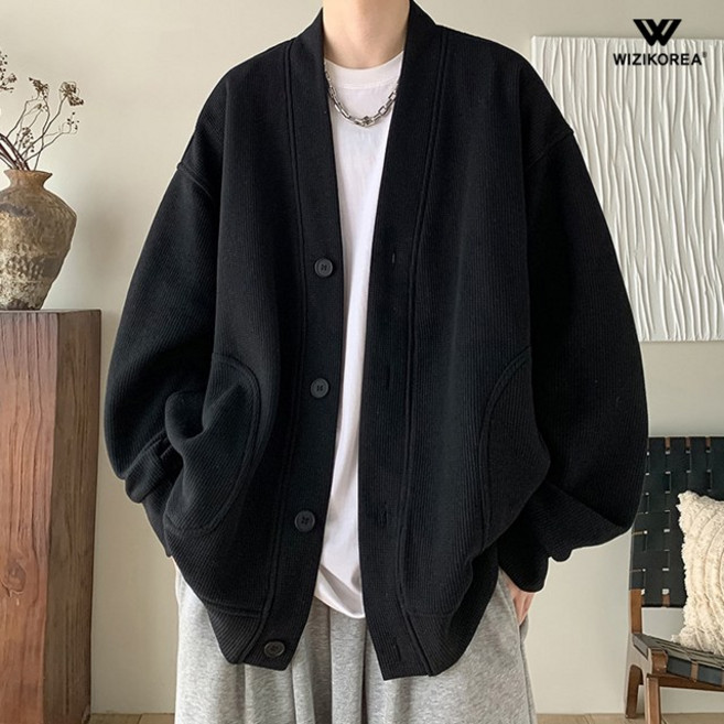 남자 오버핏 가디건 와플 니트 브이넥 봄 간절기 루즈핏 가을 아우터 WI011G
