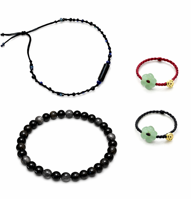 립코 청금석 흑요석 팔찌 2개 꽃돈반지2개 커플 행운세트