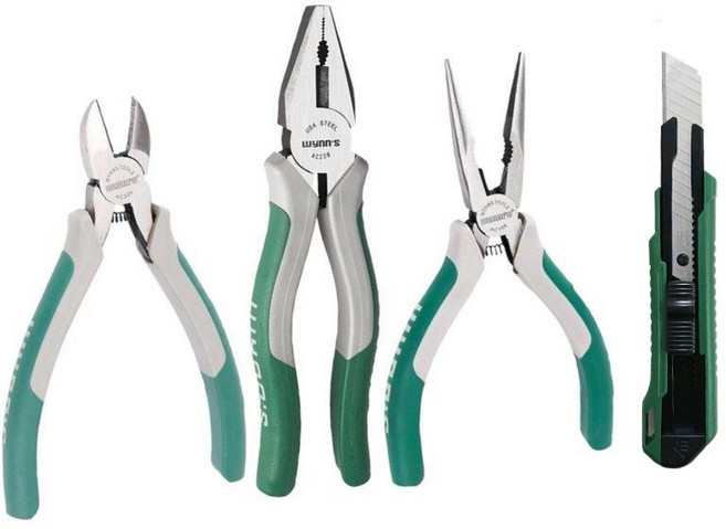 프로기어스 유로피안 CR-V 고강도 크롬 바나듐강 프리미엄 니퍼+펜치+롱노우즈+다용도커터칼(일본산 고탄소강 SK5칼날) 4종, 1세트(실버그린)