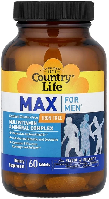 컨트리라이프 남성용 맥스 종합비타민 및 미네랄 복합체 철분 무함유 60정, 1개 - 쿠팡
