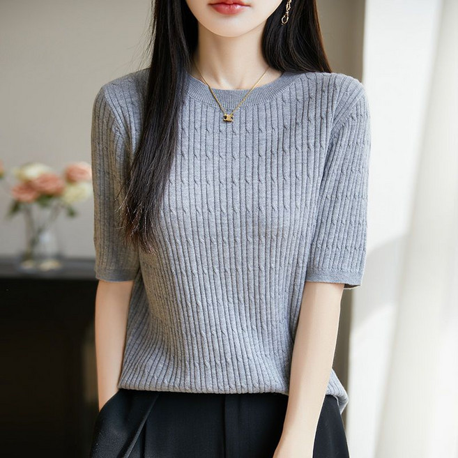 패션 여자 반팔 니트티 빈티지 솔리드 슬림핏 라운드넥 니트 반팔티 빅사이즈 여름 여성 반팔 티셔츠 YSQ