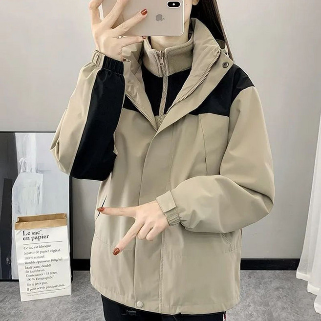 가을겨울 바람막이 투피스 남녀공용 탈부착 도톰한 방수 등산복 따뜻한 멋진 배색 편안한 트레이닝 후드 자켓
