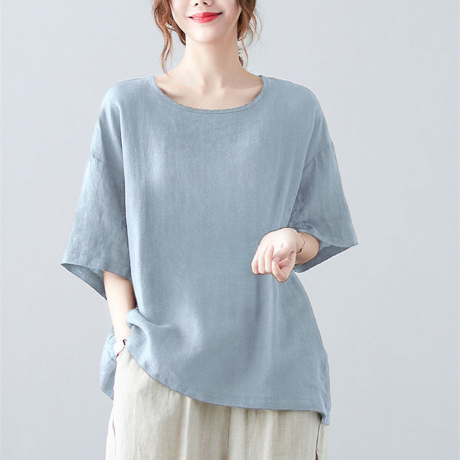 ROYALBELLE 여성 면마 라운드넥 무지 티셔츠 루즈핏 데일리 얇은 반팔티 V042205