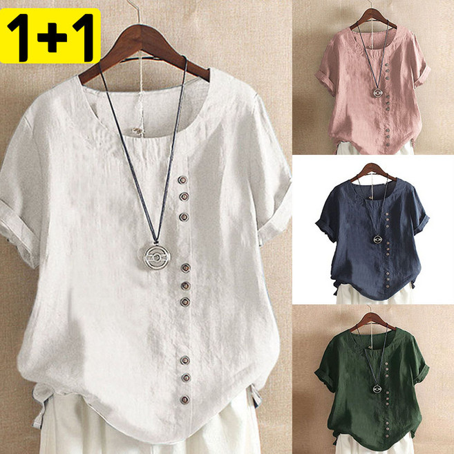 JUSTFEELING 1+1 빅사이즈 M-4XL 단추장식 면 마 반팔셔츠 빈티지 편한 날씬해보이는 반팔 블라우스 루즈핏 린넨 남방 상의티