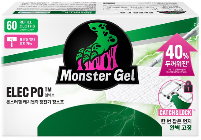 몬스터겔 먼지박멸 정전기 청소포 두꺼운 엠보싱 캐치앤락 일렉포 리필 60매입, 1개