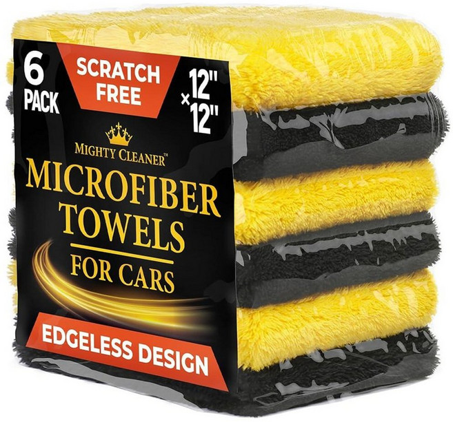 차량용 프리미엄 극세사 타월 - 6팩 - (30.5cm x 30.5cm(12인치 x 12인 치)) - 차량용 이음매 없는 양면 건조 타월 - 전문가용 다용도 부드러운 자동차 건, 블랙, 옐로우, 검은색과 노란색