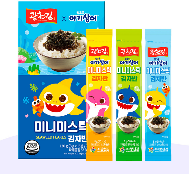 광천김 핑크퐁 아기상어 미니미스틱 김자반, 15개