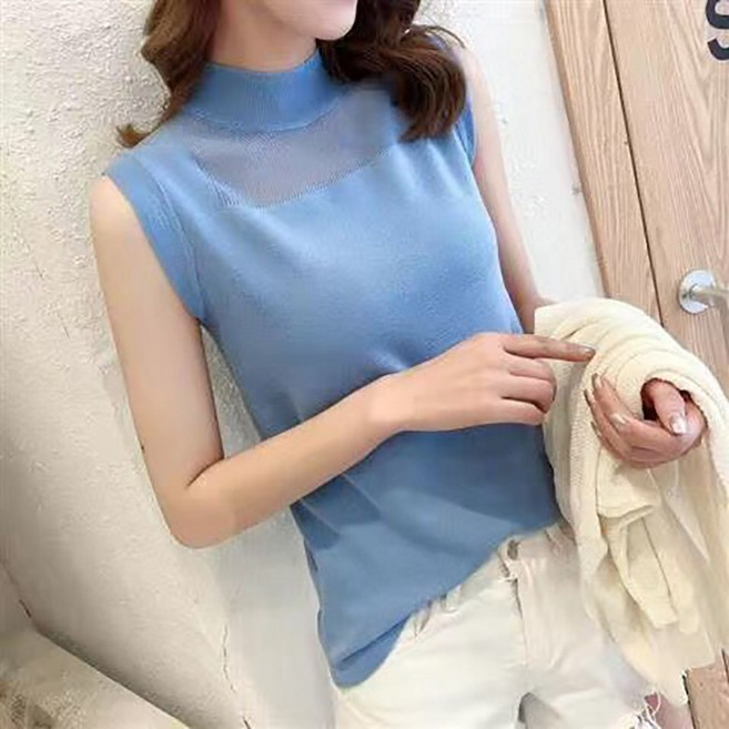 1+1/2p세트 섹시 시스루 민소매 니트 티 아이스 슬림 아우터 반폴라 여성 이너티 X88D
