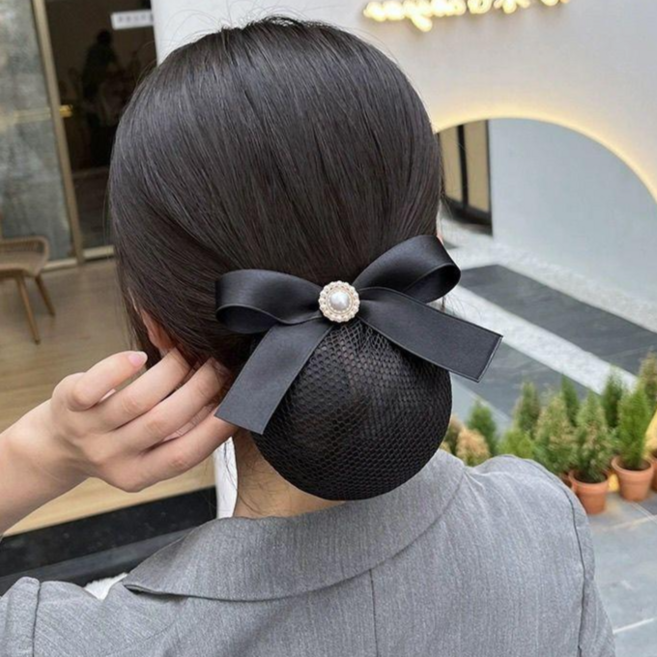 샤샤벨 심플 리본 진주 헤어망 여성 간호사 망사 리본핀 머리망