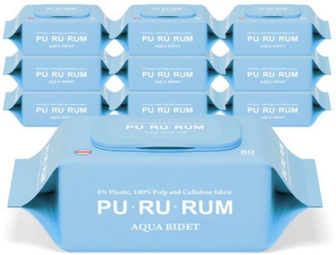 [푸르름] 플라스틱0 아쿠아 비데 화장실용 물티슈 (무향) 80매입 10팩, 1개, 60g