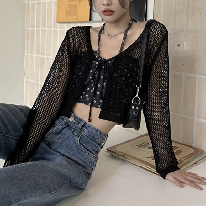 보슈 여성 크롭 시스루 브이넥 가디건 여름 그물 루즈핏 니트