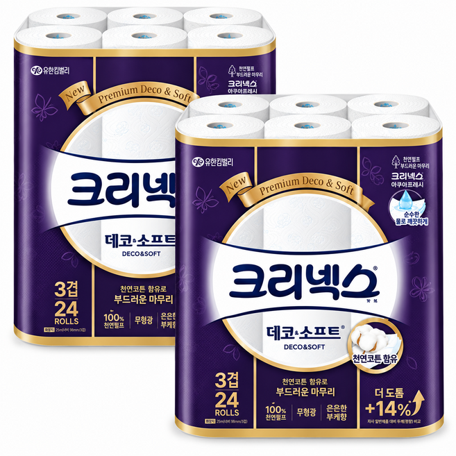 크리넥스 3겹 천연펄프 데코 앤 소프트 화장지, 28m, 24개입, 2개
