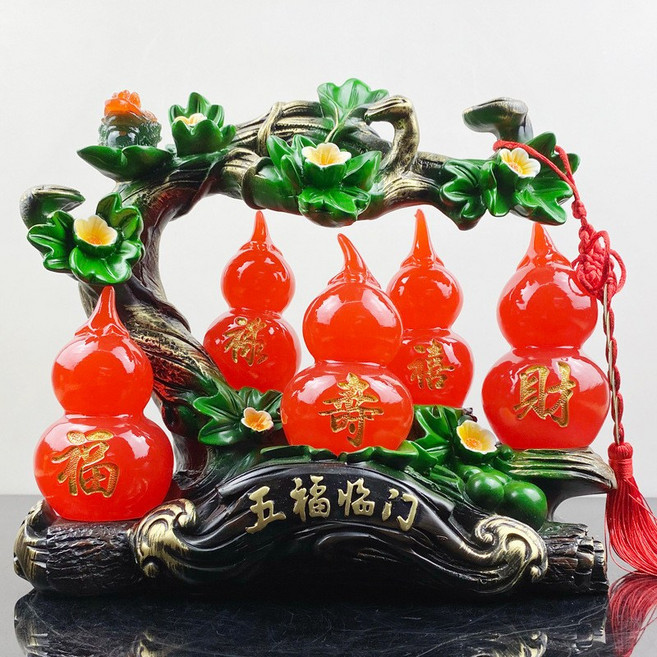 五福臨門葫蘆擺件 招財擺件, 瑪瑙色五福臨門24*10*25cm, 1個