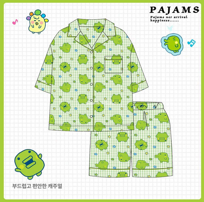 다마고치 쿠치파치 주댕치 체크 잠옷 마메치 반팔 파자마 카라 여름 빅사이즈