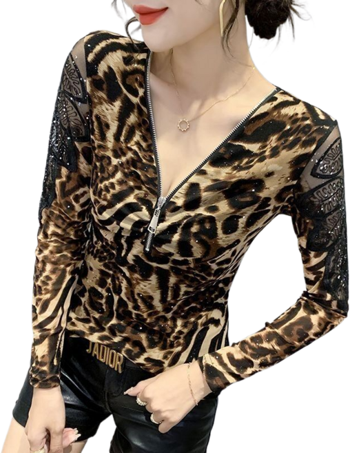 여성 브이넥 집업 티셔츠 프린트 긴팔 상의 라인 댄스복 상의