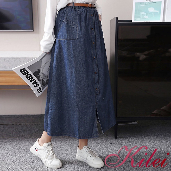 【Kilei】女裝 牛仔裙 A字裙 腰鬆緊牛仔開衩長裙XA4364 全尺碼