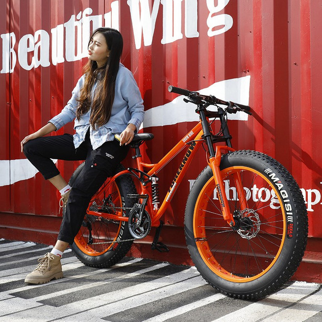 성인용 특대형 타이어 장착 오프로드 비치 스노우 자전거 광폭 팻바이크 전동 산악 설상 눈길 전지형 자전거 남성용 여성용 어린이용 휠 두꺼운 자전거 미끄럼방지 충격흡수 하이브리드, 1개, 180cm, 레드-스포크휠 26인치 7단