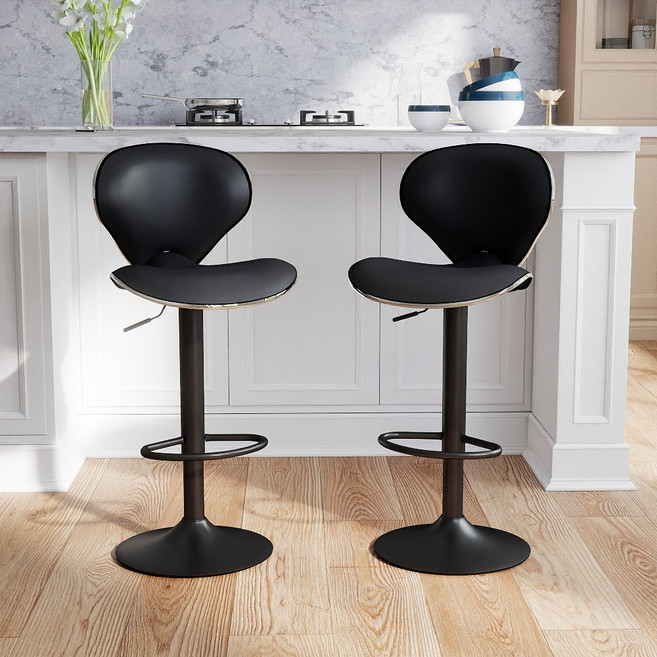 높이 조절 가능한 가정용 바 걸상 2P 360도 회전 PU 방수 방석 아일랜드 식탁의자, 2개, 블랙