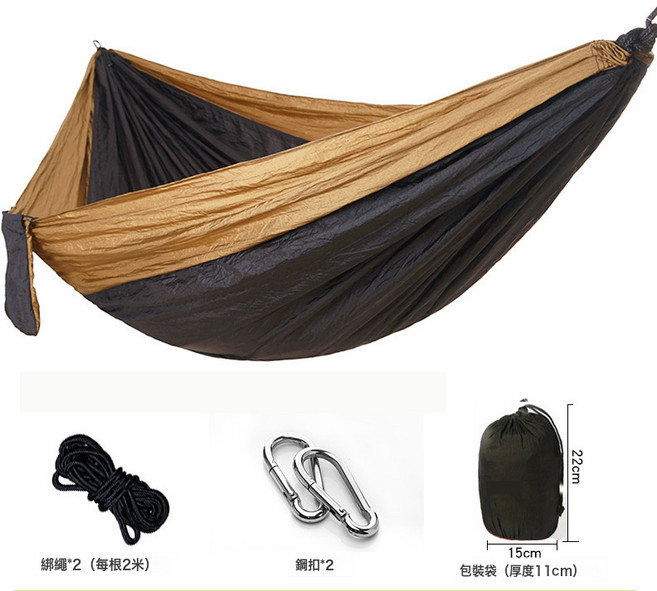 廠家戶外尼龍降落傘布吊牀單人雙人野營騎行室內休閒鞦韆吊椅輕量, 270*140卡其拼黑(綁繩款)