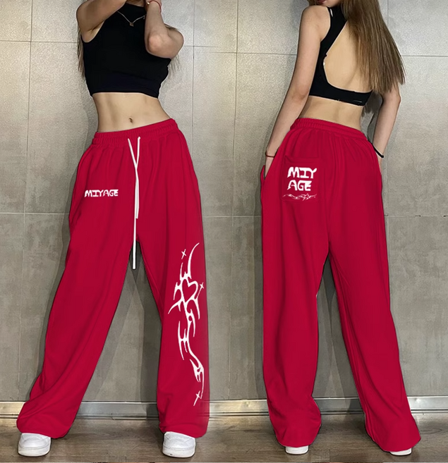 루트엑스 댄스복 MIYAGE 스트레이트 와이드 코튼 루즈핏 힙합 팬츠, 버건디(고급원단)