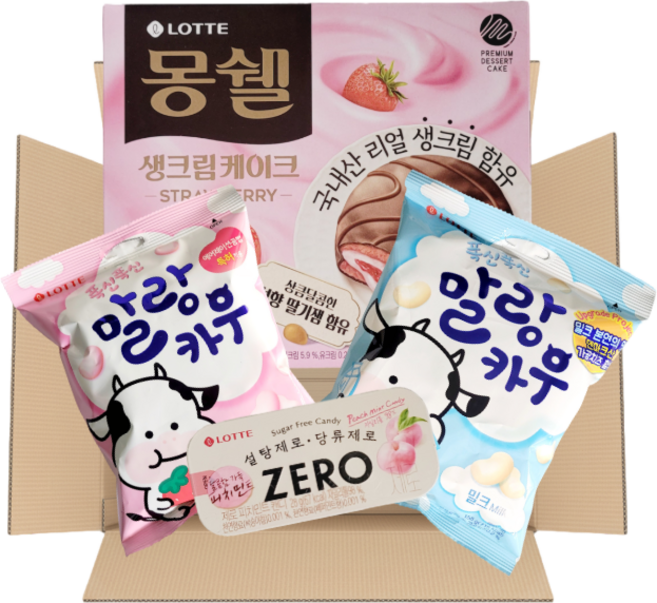 핑크화이트데이 - 몽쉘딸기생크림 408g + 말랑카우딸기 158g +말랑카우밀크 158g +제로피치민트 캔디 28g, 1