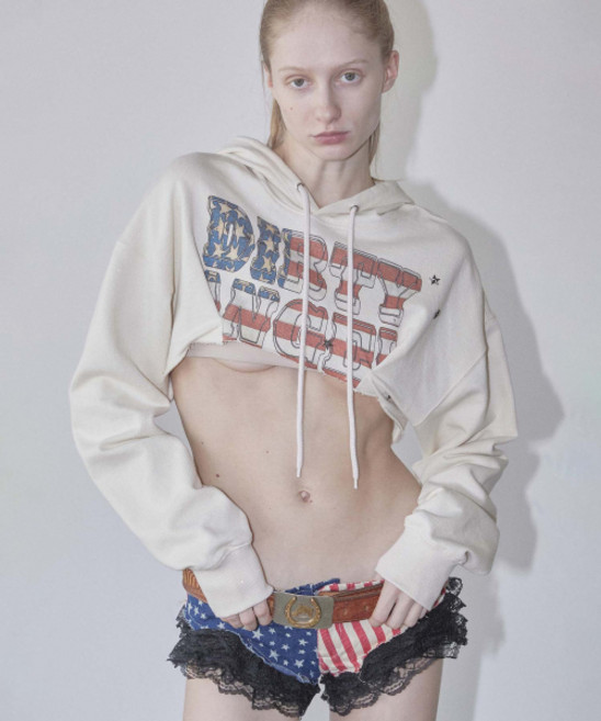 스컬프터 글리터 플래그 크롭 후디 로우