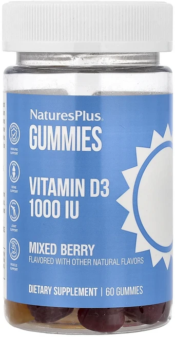 NaturesPlus 비타민D3 구미젤리 믹스 베리 1000IU 구미젤리 60개, NaturesPlus비타민D3구미젤리믹스베리1000IU, 1개, 60정 - 쿠팡