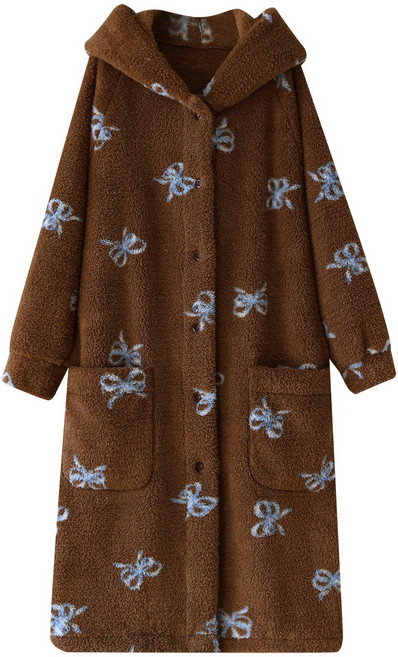 soyoonlife 후드 가운 롱 슬립 겨울 융 잠옷 리본 프린트