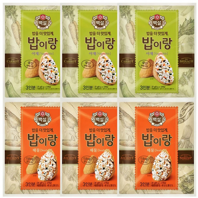 백설 밥이랑 야채27gx3개+밥이랑 해물24gx3개, 1세트