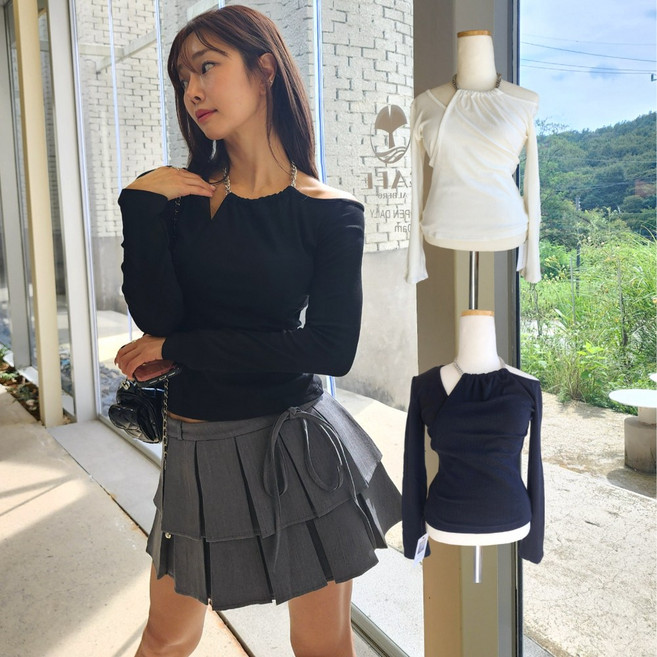 <청담코코> 체인홀터넥 슬림핏 언발이너티 골지긴팔티