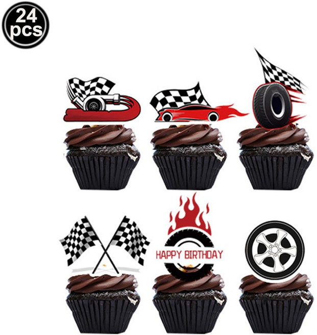 레이싱 테마 파티 자동차 장식 종이 용품 케이크 무늬 레이스 생일 체크 토퍼, 24 24pcs