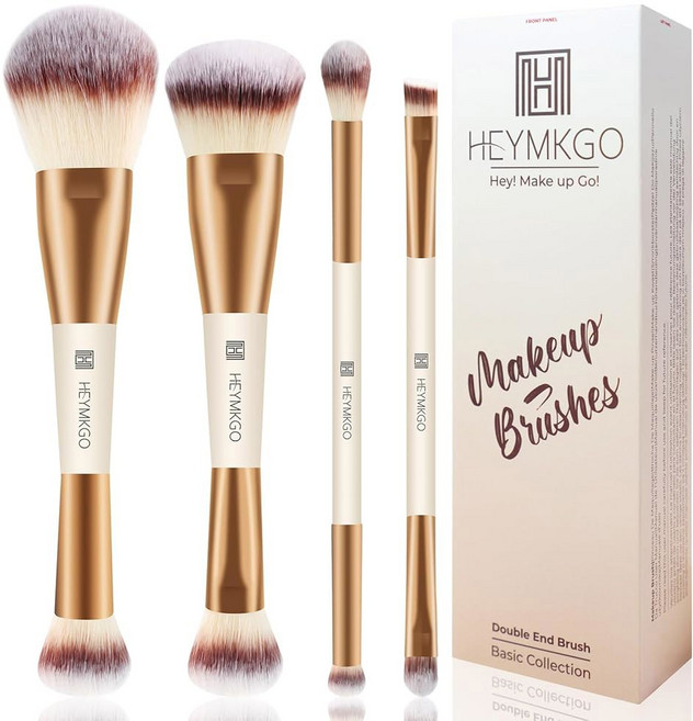 HEYMKGO 메이크업 브러시 세트 4Pcs 더블 엔드 파운데이션 컨투어 파우더 블러셔 컨실러 아이섀도우 리퀴드 크림 블렌딩용 버핑 프로페셔널 페이스 세트 도구(Apricot, 1개