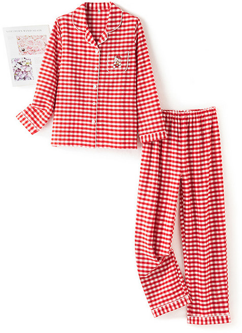 가을 겨울 여성 순면 기모 이중 벨벳 자수 잠옷 세트 홈웨어