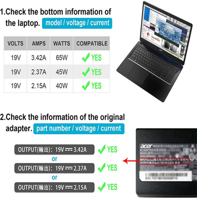 에이서 아스파이어 3 5 시리즈용 AC 충전기 A315-22 23 A315-34 35 A315-57 58/59 A314-23P 24P A515-54 55 56/57 A515-44, 1개, 02 US PLUG