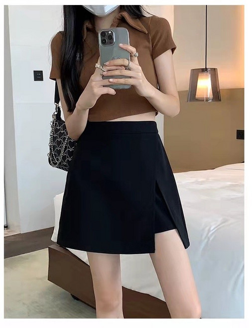 Qurora 黑色開衩短裙女夏