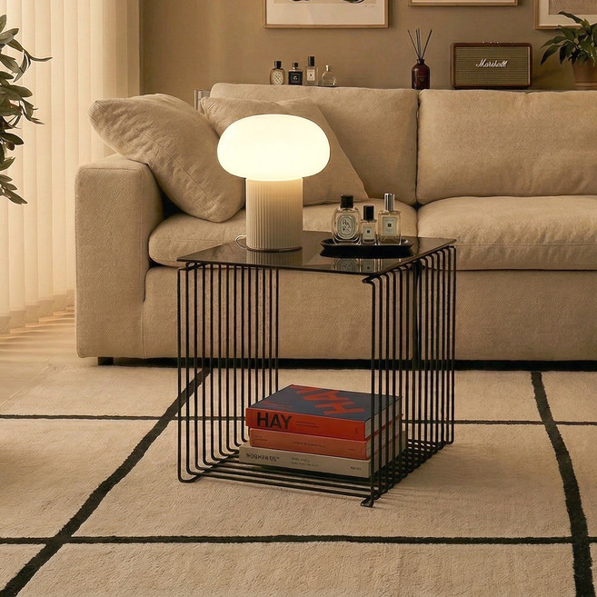 (강화유리포함) 나인홈 큐브형 와이어 사이드 테이블 철제 사각 수납 선반 2colors, 블랙