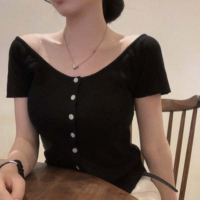 어반룩북 심플 브이넥 오프숄더 슬림핏 사라 탑