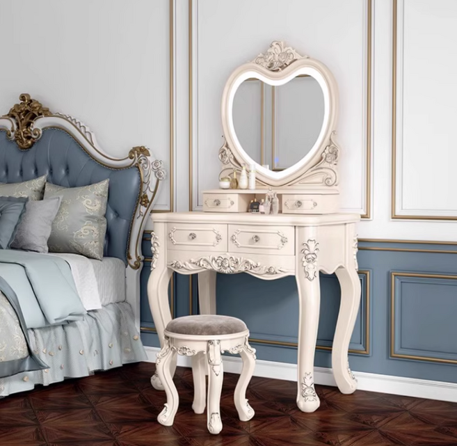 [카샤가구] 콘솔 화장대 테이블 엔틱 서랍장 거울, 05) 원형거울-사각의자-80cm