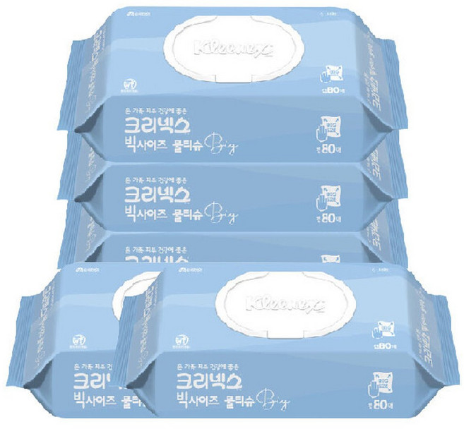크리넥스 빅사이즈 물티슈 캡형 80매 X 5개, 45g, 5박스