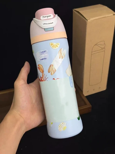 24온스 및 스테인리스 스틸 보온 빨대컵 고양이 무늬 물컵 이중 음용컵 스포츠, 02 901-1000ml, 02 하늘색