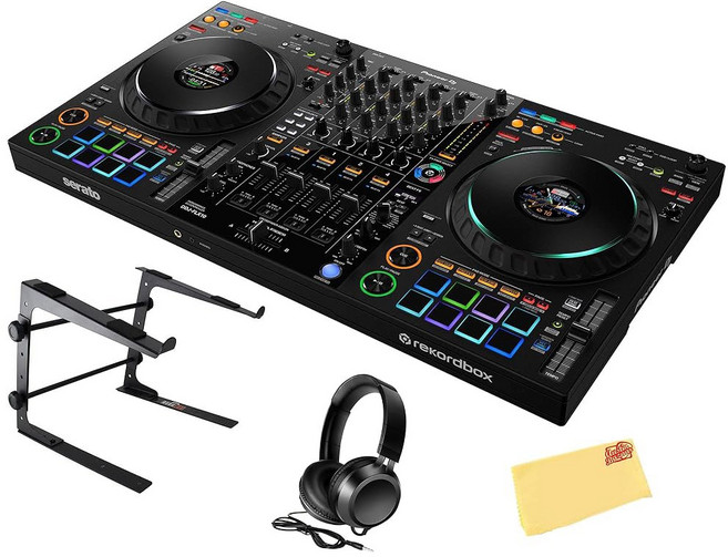 선구적인 DDJ FLX4 DJ 컨트롤러 - 노트북 스탠드 헤드폰 오스틴 바자회 광택 천이 포함된 블랙 번들, Bundle w/ Laptop Stand, DDJ-FLX4