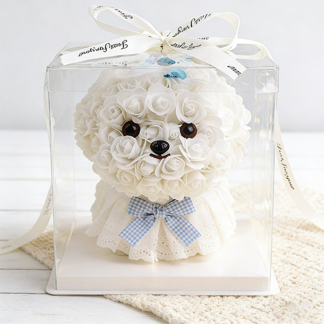 말티즈 장미꽃 강아지 LED 조화 꽃다발 기념일 생일 결혼 신혼 선물 인테리어 조화, 1개, 장미 강아지