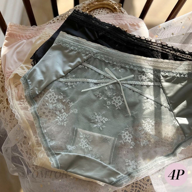 POMTOR 여성 리본자수 망사 레이스팬티 4p 세트