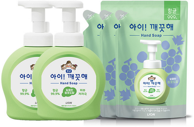 [라이온코리아] 아이깨끗해 용기 490ml 2개+리필 450ml 3개, 청포도, 제품선택:490ml용기x2개+450ml리필x6개(청포도), 1세트