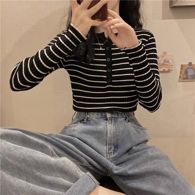 더블유앤케이 여성 봄 가을 슬림핏 브이넥 니트 날씬해보이는 스판 울 골지 니트티