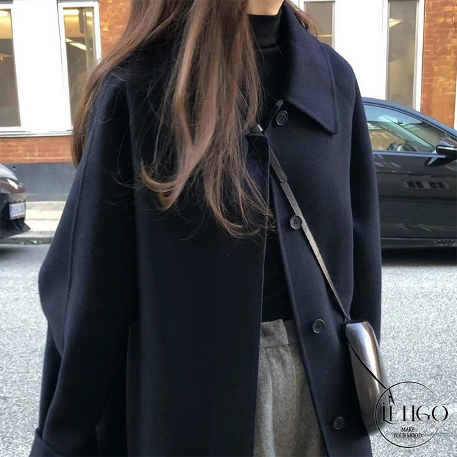 레티고 시크 솔리드 박시핏 긴팔 모직 하프 롱 코트
