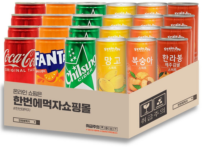 [한번에먹자] 미니캔 탄산 + 과즙 혼합세트 / 코카콜라 + 칠성사이다 + 환타오렌지 + 한라봉 + 복숭아 + 망고 / 24캔, 1세트, 190ml