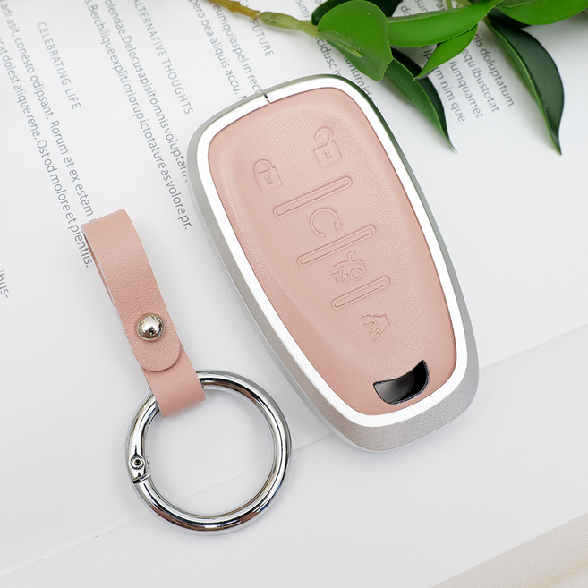 바이어블 쉐보레 더뉴 넥스트 스파크 아베오 올뉴 크루즈 말리부 이쿼녹스 트레버스 카마로 호환 크롬 가죽 키케이스 키링 키홀더, 5버튼(VA-U04), 실버핑크